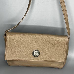 VTG SUN LEATHER COMPANY GREY LEATHER INSIDE & OUTSIDE SHOULDER BAG W/SILVER SUN